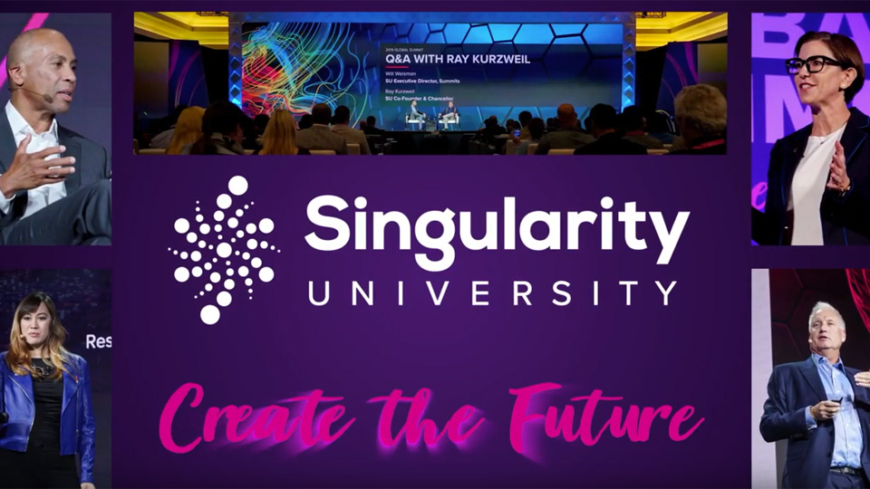 an image with the a logo for singularity
                                 university and the text 'create the future' overlayed with a crowd watching a presentation and the pictures of four presenters